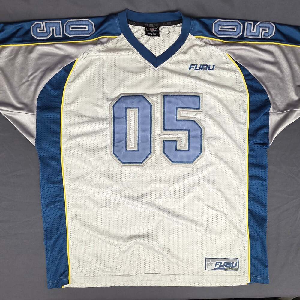 Vintage Y2K FUBU 05 Football Jersey Mesh Streetwear XXL Blue Silver